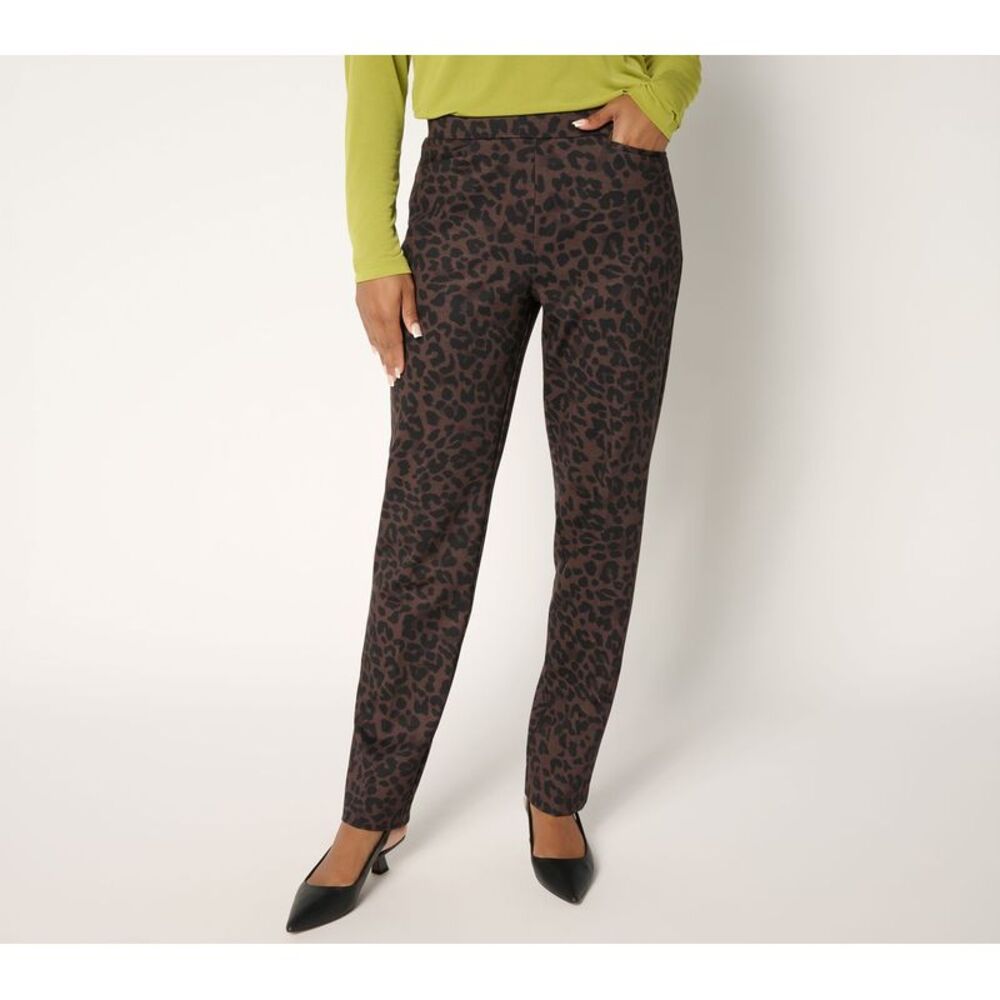 Susan Graver Women's Pants Sz XL Printed Ponte Straight Leg Pant Brown